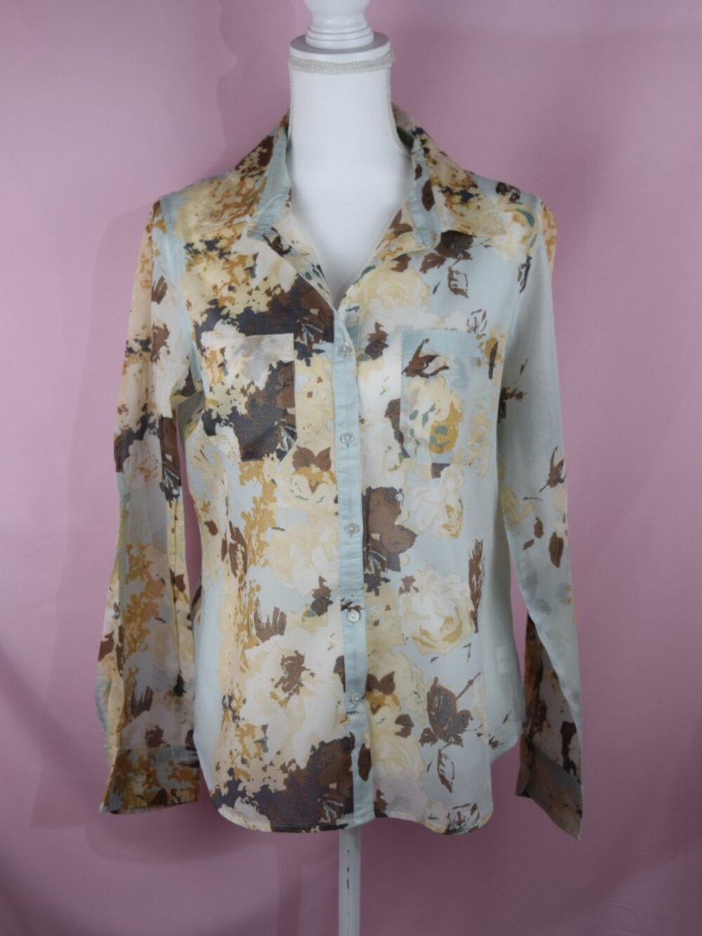 Talbots Floral Semi-Sheer Cotton Long Sleeve Button-Front Blouse | Size 12